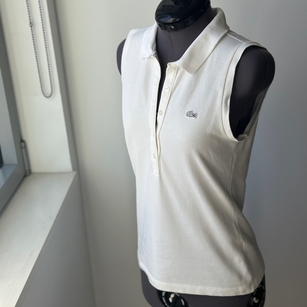 Lacoste White Collared Tank Top with White Alligator Logo